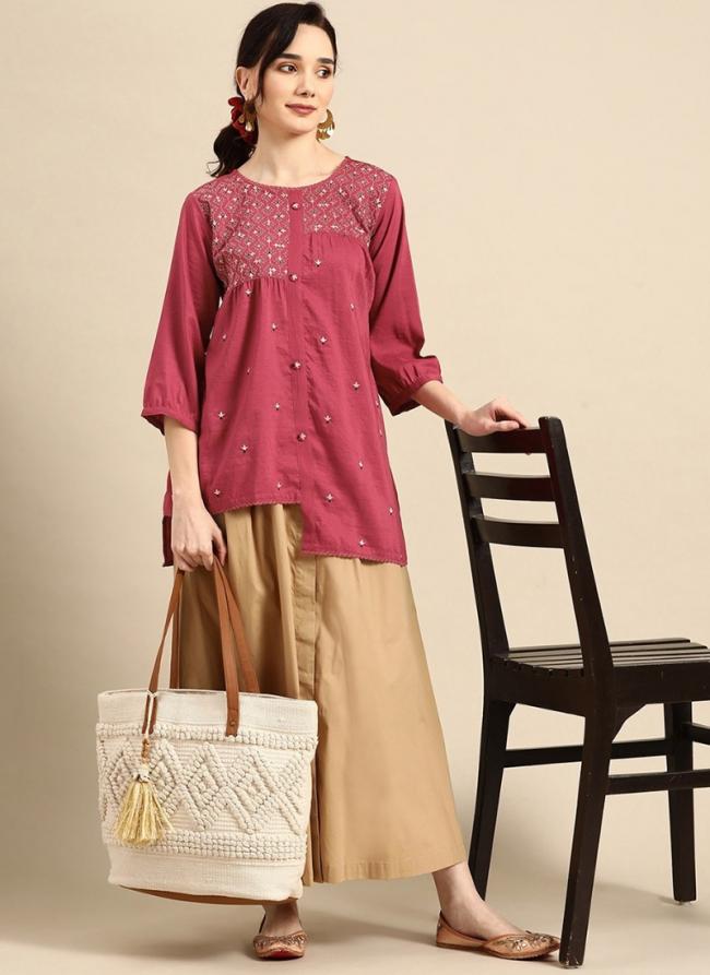 Pink Viscose Blend Casual Wear Embroidery Work Top