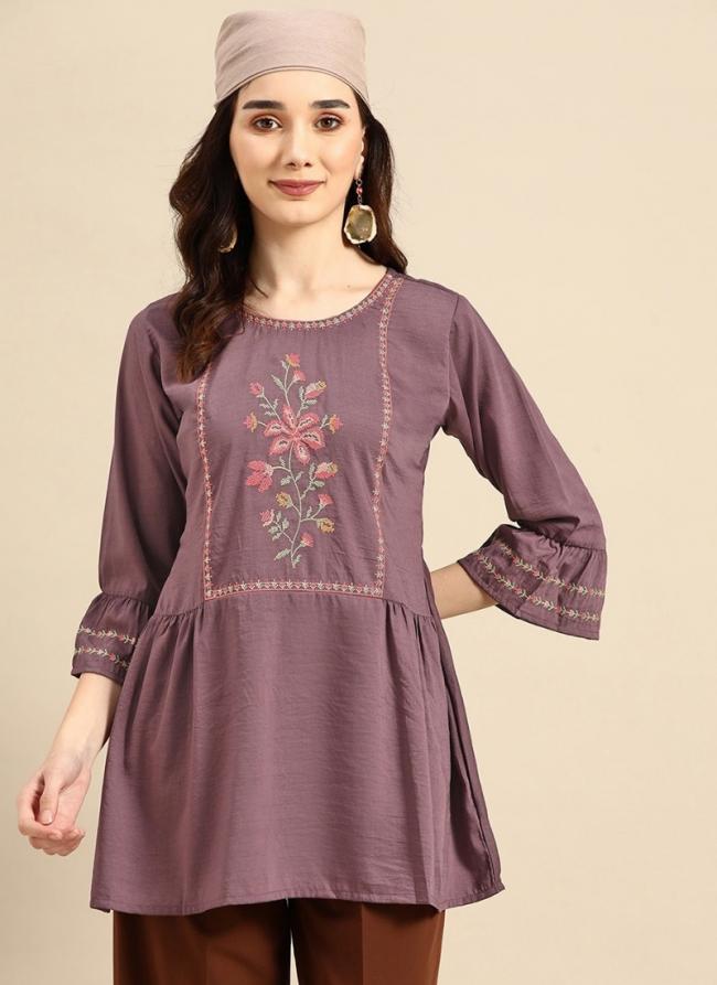 Purple Viscose Blend Casual Wear Embroidery Work Top