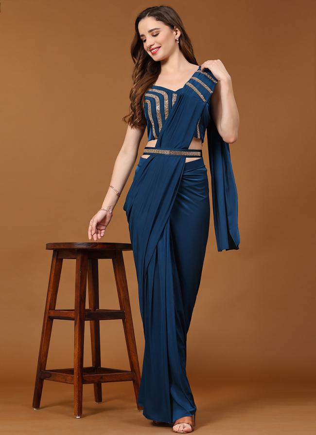 Blue Imported Party Wear Sequins Work Stitched Saree