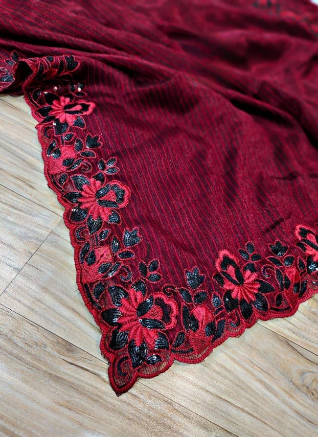 Burgundy Chiffon Festival Wear Embroidery Work Saree