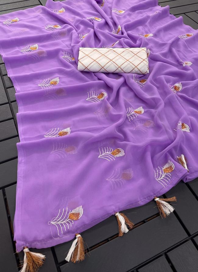 Lilac Blooming Vichitra Traditional Wear Embroidery Work Saree