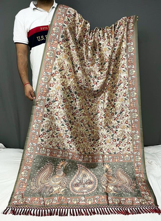 Grey Pure Tussar Traditional Wear Printed Saree