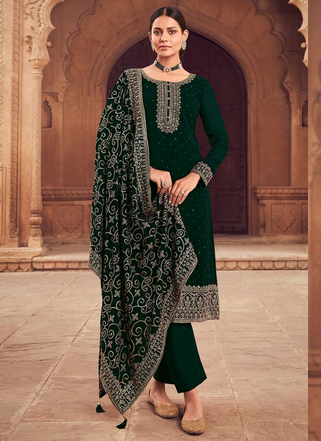 Bottle Green Georgette Traditional Wear Embroidery Work Palazzo Suit