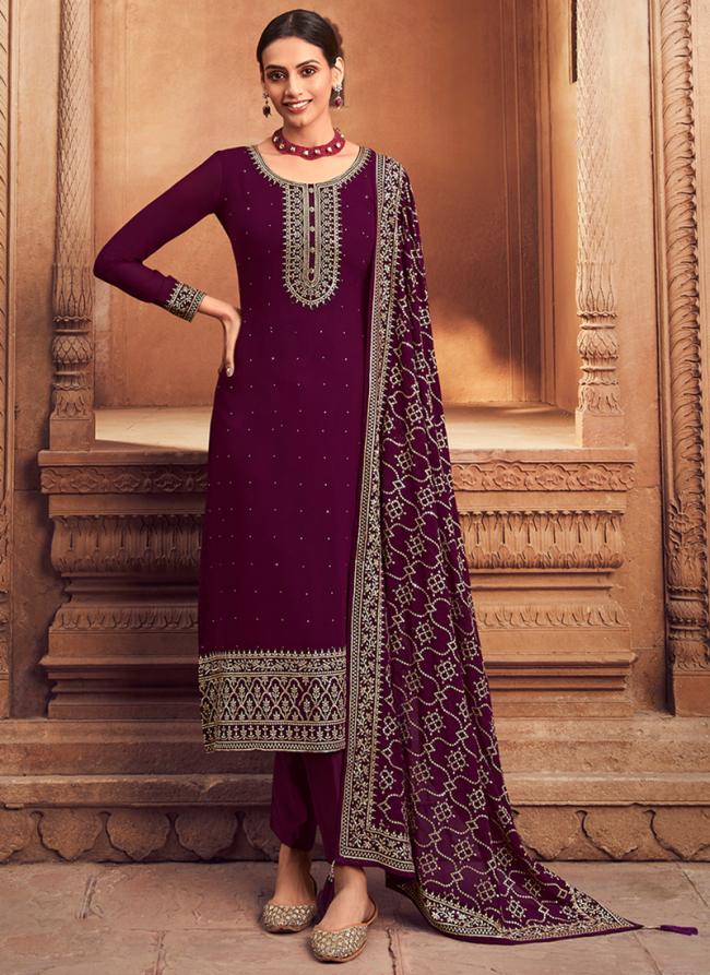 Wine Georgette Traditional Wear Embroidery Work Palazzo Suit