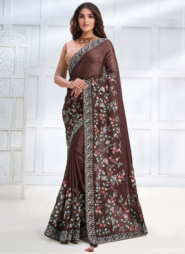 Brown Georgette Silk Wedding Wear Embroidery Work Saree
