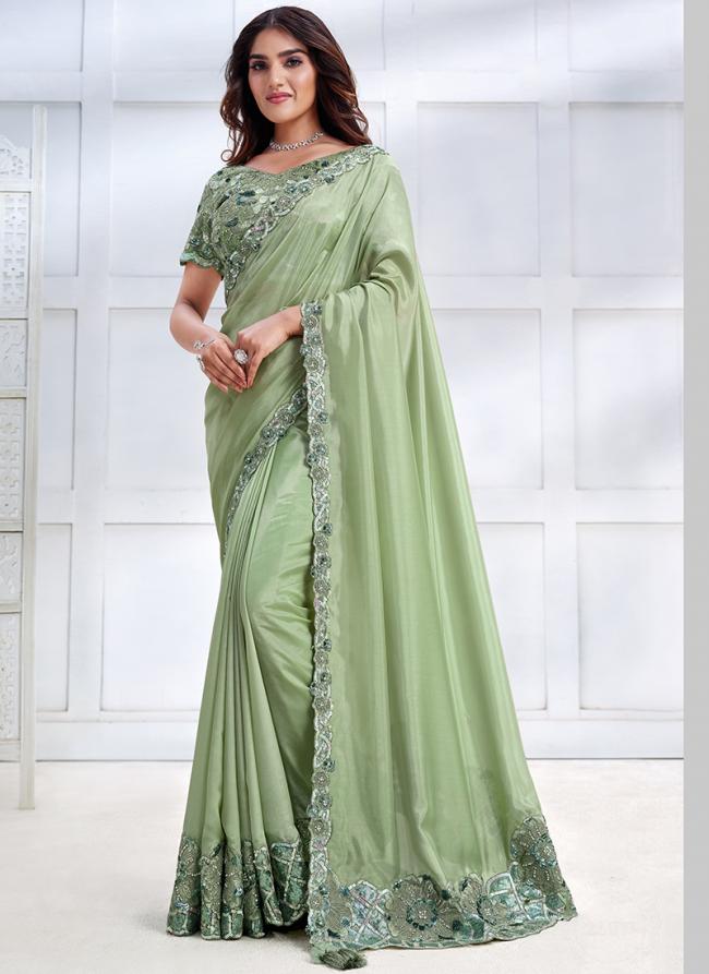 Pista Green Tussar Silk Wedding Wear Embroidery Work Saree