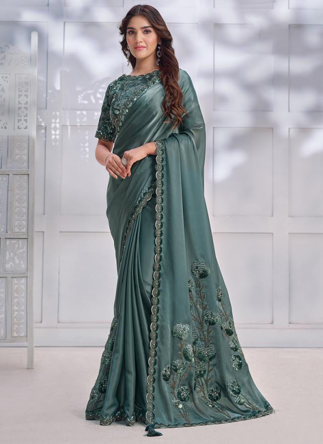 Sea Green Satin Silk Wedding Wear Embroidery Work Saree
