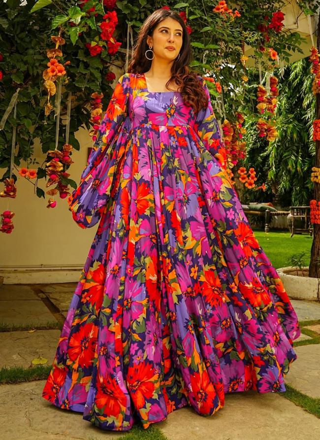 Multi Color Georgette Festival Wear Printed Gown With Dupatta