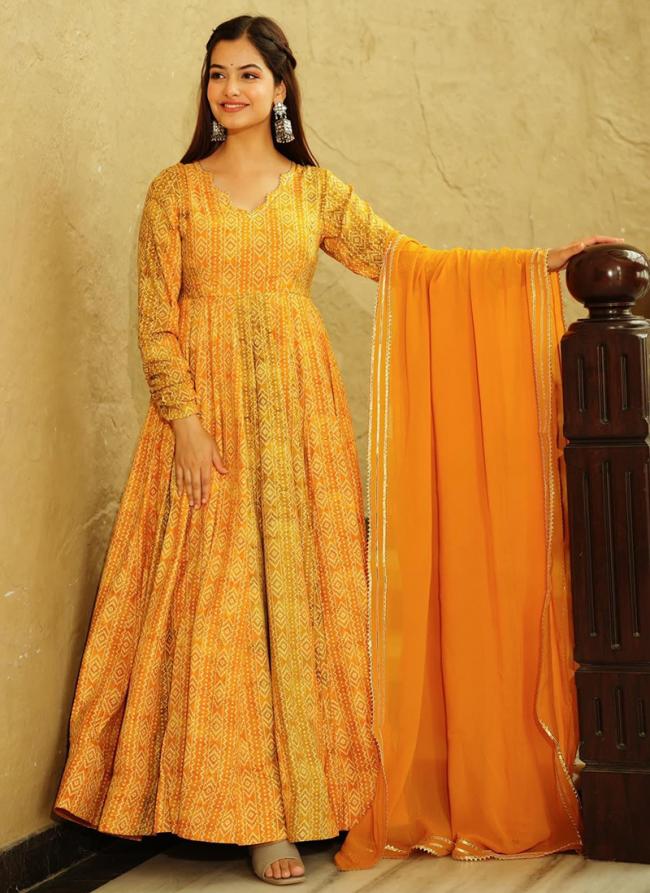Mustard Georgette Festival Wear Printed Gown With Dupatta