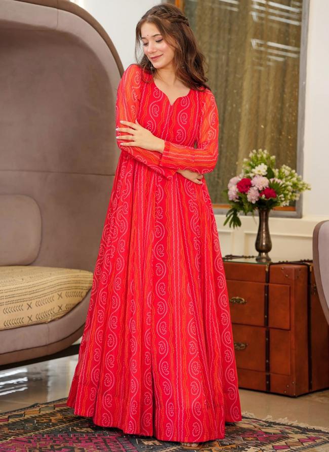 Red Georgette Festival Wear Printed Gown With Dupatta