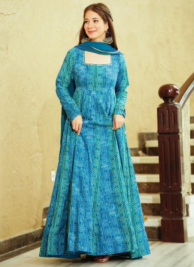 Sky Blue Georgette Festival Wear Printed Gown With Dupatta