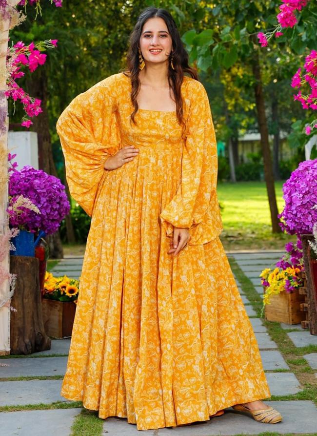 Yellow Georgette Festival Wear Printed Gown With Dupatta