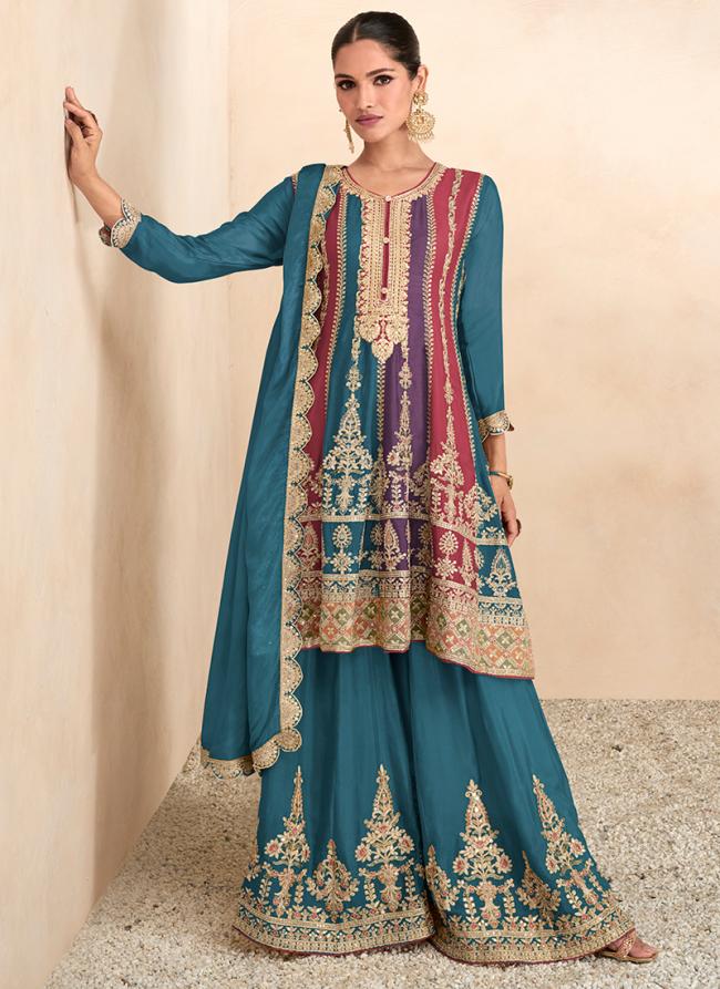 Blue Chinnon Wedding Wear Embroidery Work Salwar Suit