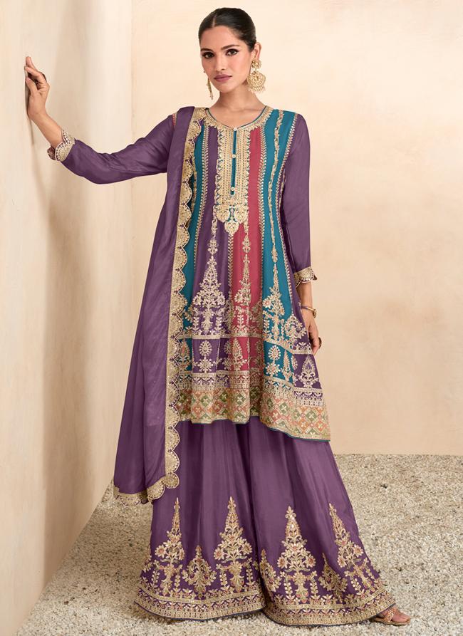Purple Chinnon Wedding Wear Embroidery Work Salwar Suit