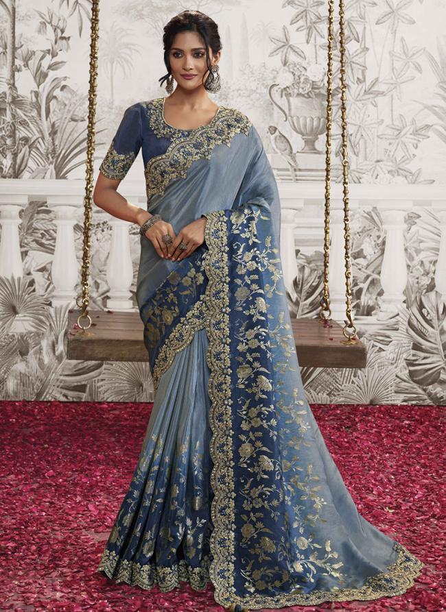 Blue Fancy Reception Wear Zari Embroidery Saree