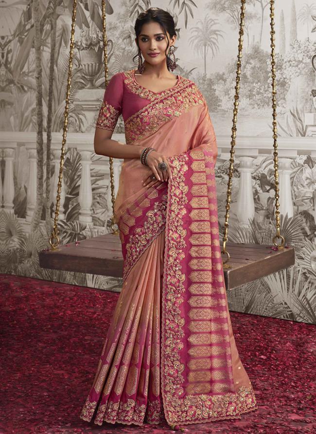 Pink Fancy Reception Wear Zari Embroidery Saree