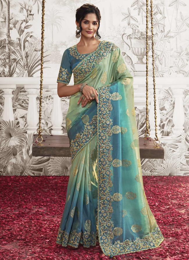 Sky Blue Fancy Reception Wear Zari Embroidery Saree