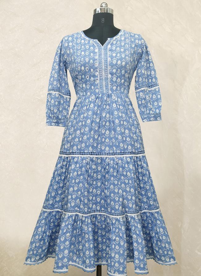Sky Blue Cotton Casual Wear Printed Gown