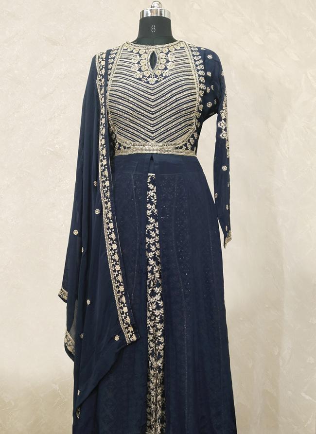 Navy Blue Pure Chiffon Wedding Wear Embroidery Work Readymade Salwar Suit