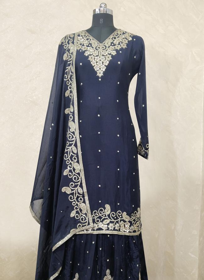 Navy Blue Pure Chiffon Wedding Wear Hand Work Readymade Salwar Suit