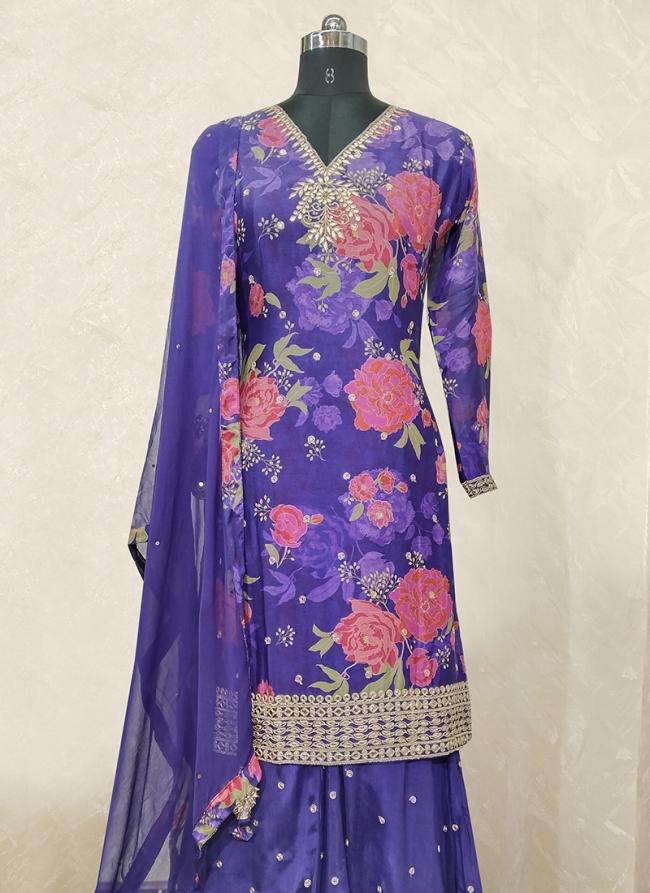 Purple Chiffon Wedding Wear Embroidery Work Readymade Salwar Suit
