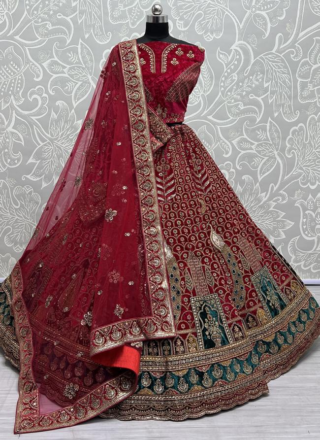 Red Velvet Bridal Wear Thread Work Lehenga Choli A2610 B