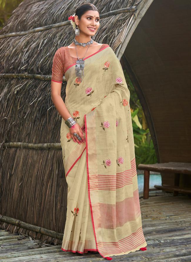 Beige Linen Traditional Wear Weaving Saree