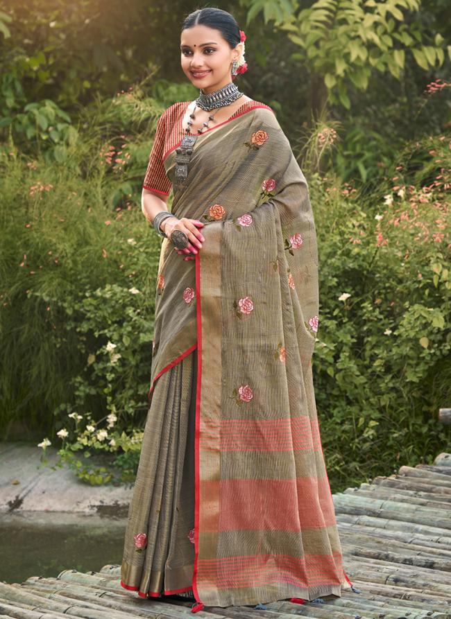 Grey Linen Traditional Wear Weaving Saree