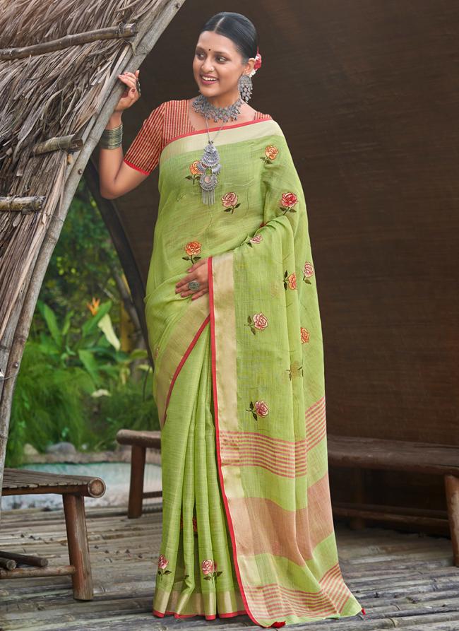 Light Green Linen Traditional Wear Weaving Saree