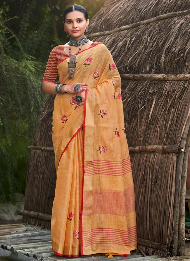 Peach Linen Traditional Wear Weaving Saree