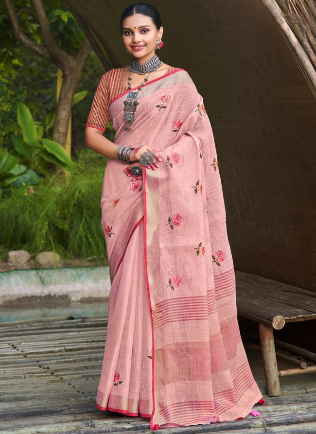 Pink Linen Traditional Wear Weaving Saree