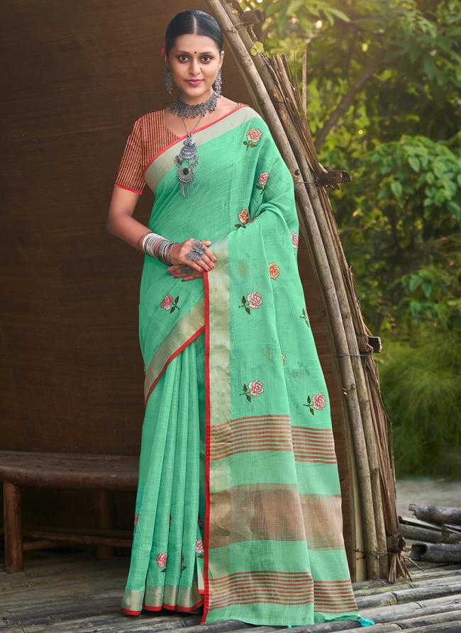 Teal Linen Traditional Wear Weaving Saree