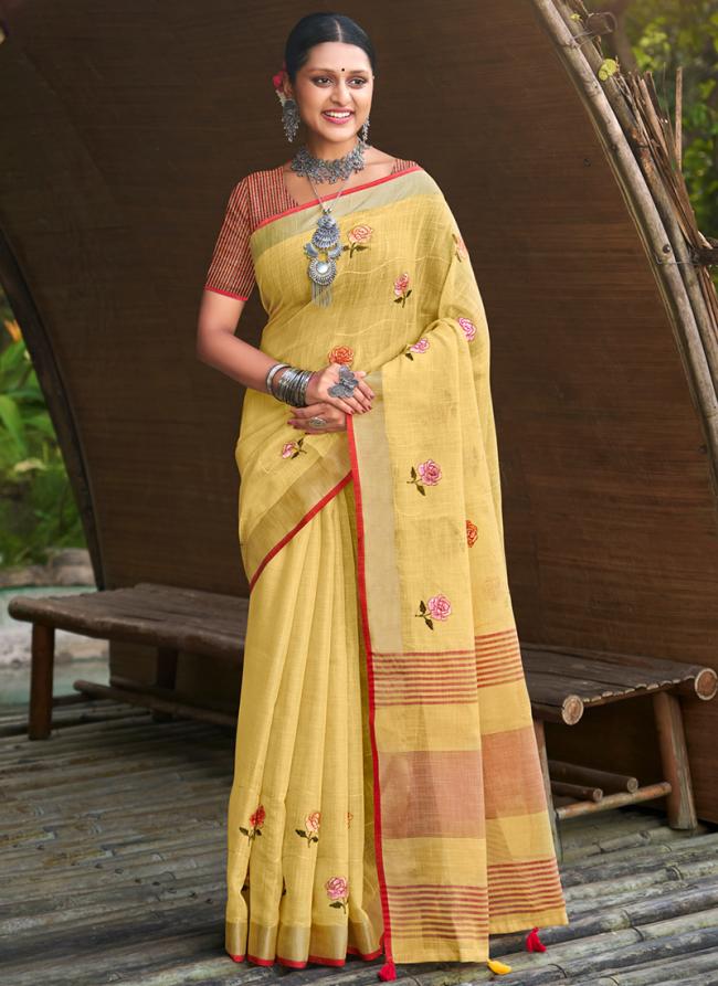 Yellow Linen Traditional Wear Weaving Saree