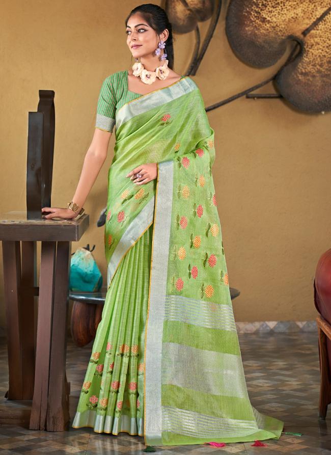 Light Green Linen Festival Wear Weaving Saree