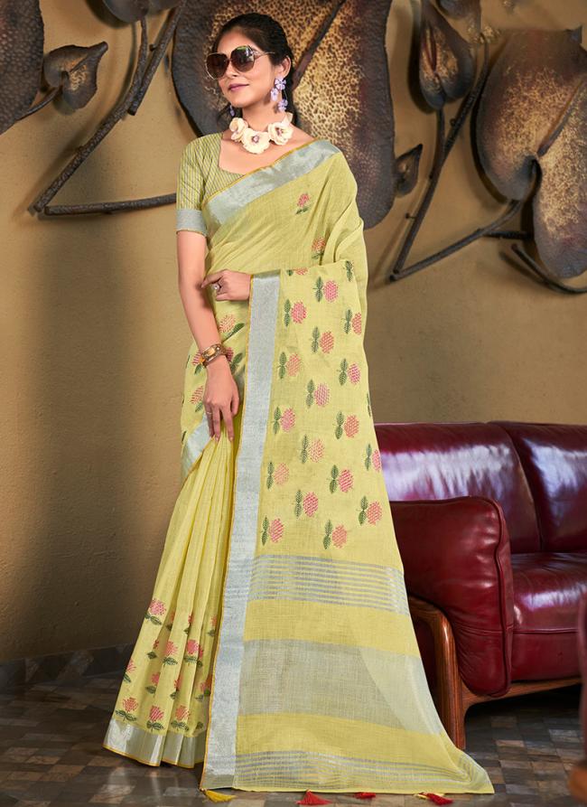 Yellow Linen Festival Wear Weaving Saree