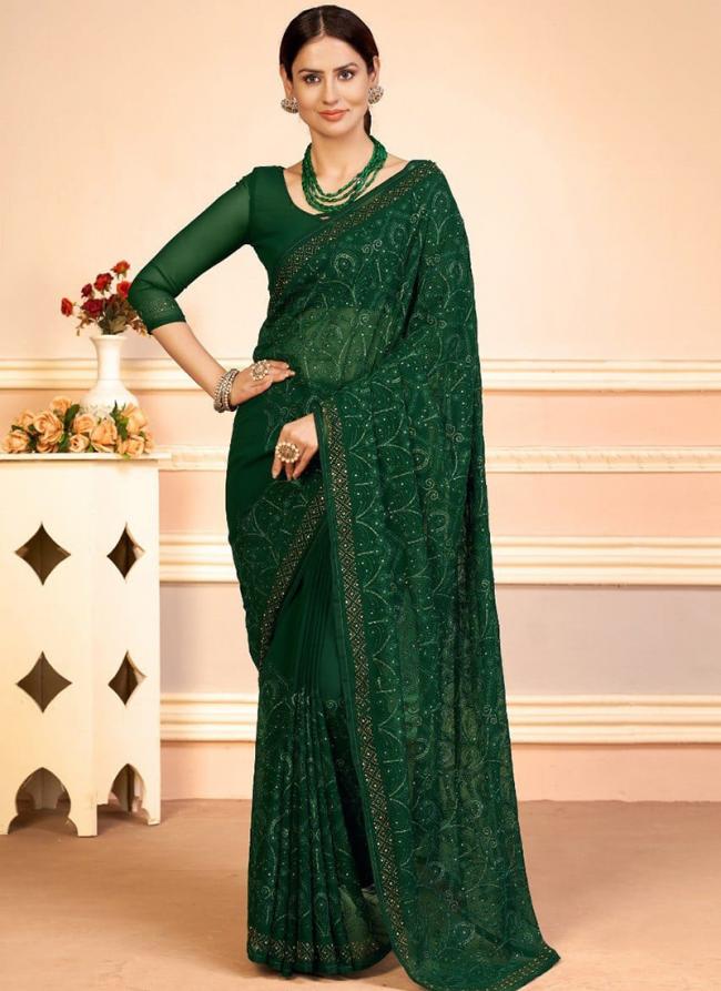 Bottle Green Georgette Traditional Wear Embroidery Work Saree