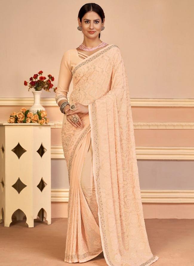 Peach Georgette Traditional Wear Embroidery Work Saree
