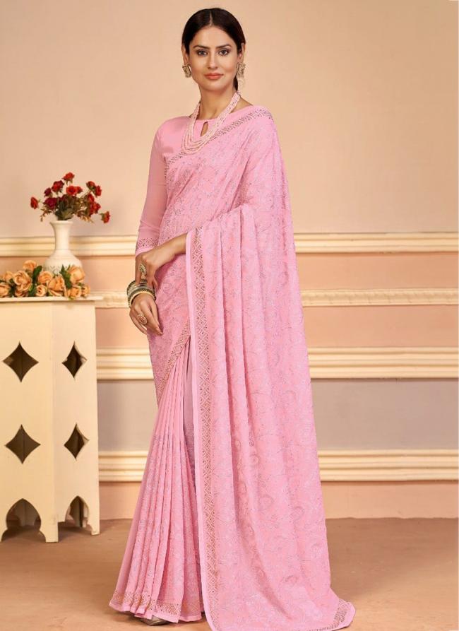 Pink Georgette Traditional Wear Embroidery Work Saree