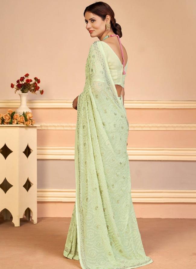 Pista Green Georgette Traditional Wear Embroidery Work Saree