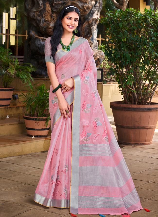Pink Linen Festival Wear Weaving Saree