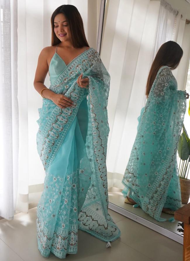 Sky Blue Organza Party Wear Embroidery Work Saree