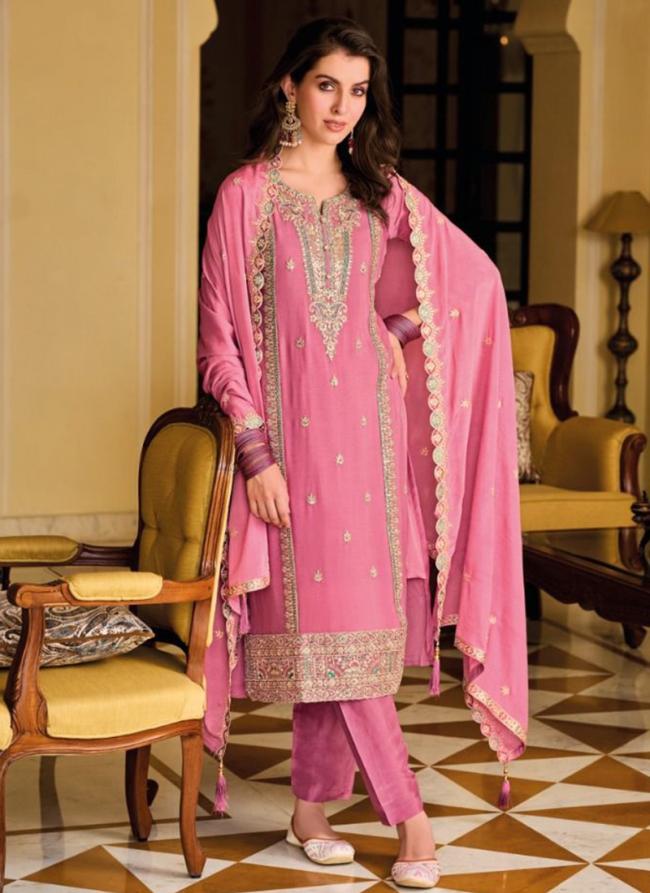 Pink Chinnon Party Wear Embroidery Work Salwar Suit