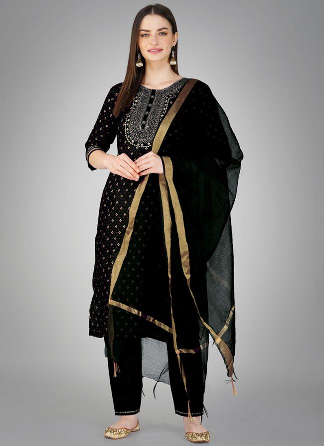 Black Cotton Slub Daily Wear Embroidery Work Readymade Salwar Suit