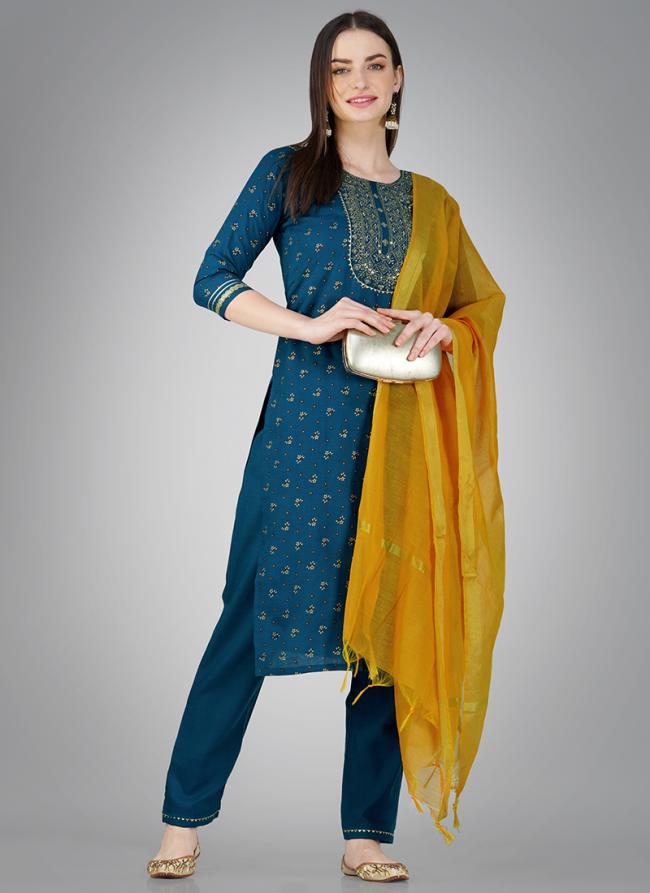 Blue Cotton Slub Daily Wear Embroidery Work Readymade Salwar Suit