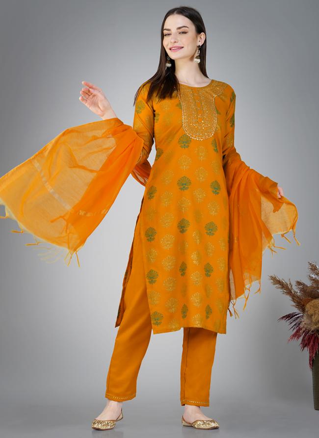 Mustard Cotton Slub Daily Wear Embroidery Work Readymade Salwar Suit