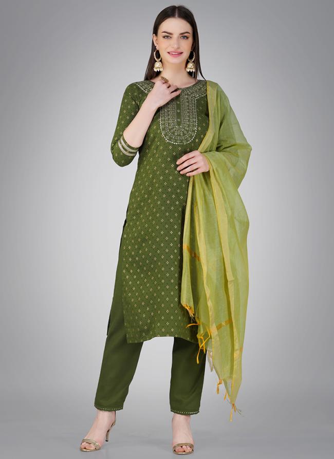 Olive Green Cotton Slub Daily Wear Embroidery Work Readymade Salwar Suit