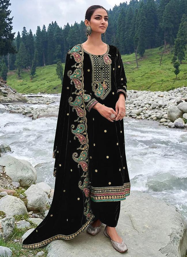 Black Velvet Party Wear Embroidery Work Palazzo Suit