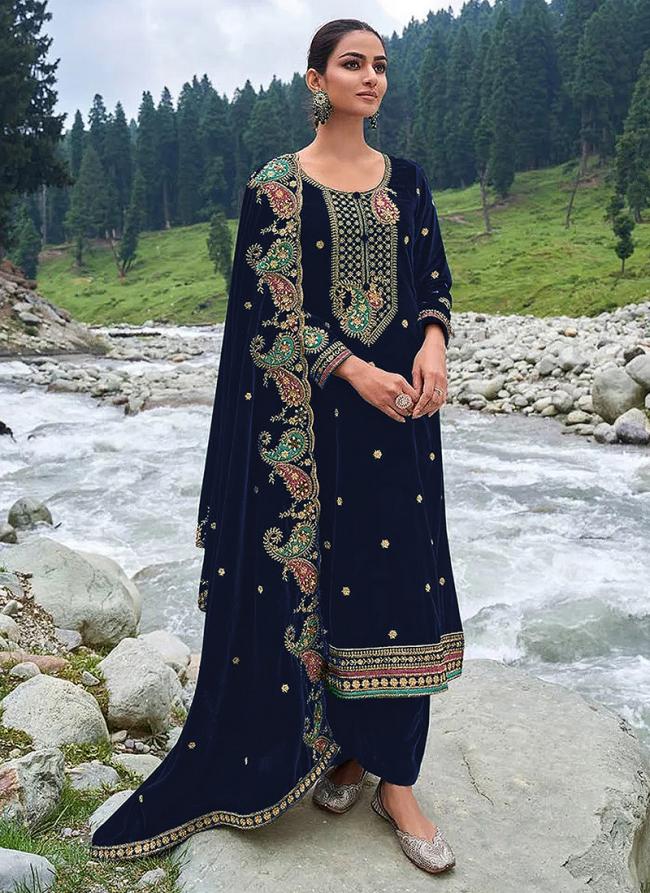 Navy Blue Velvet Party Wear Embroidery Work Palazzo Suit