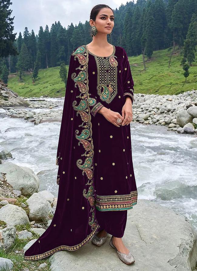 Purple Velvet Party Wear Embroidery Work Palazzo Suit