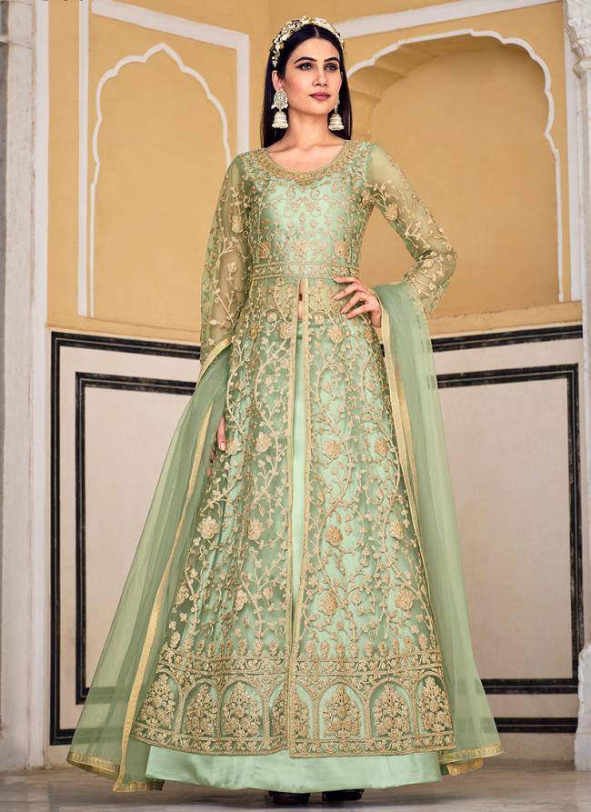 Pista Green Pure Net Party Wear Embroidery Work Anarkali Suit